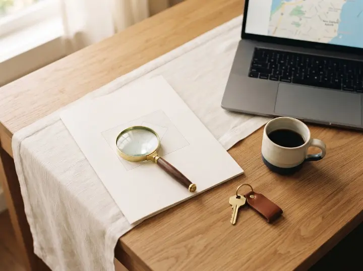 Researching local property sales with a laptop and magnifying glass